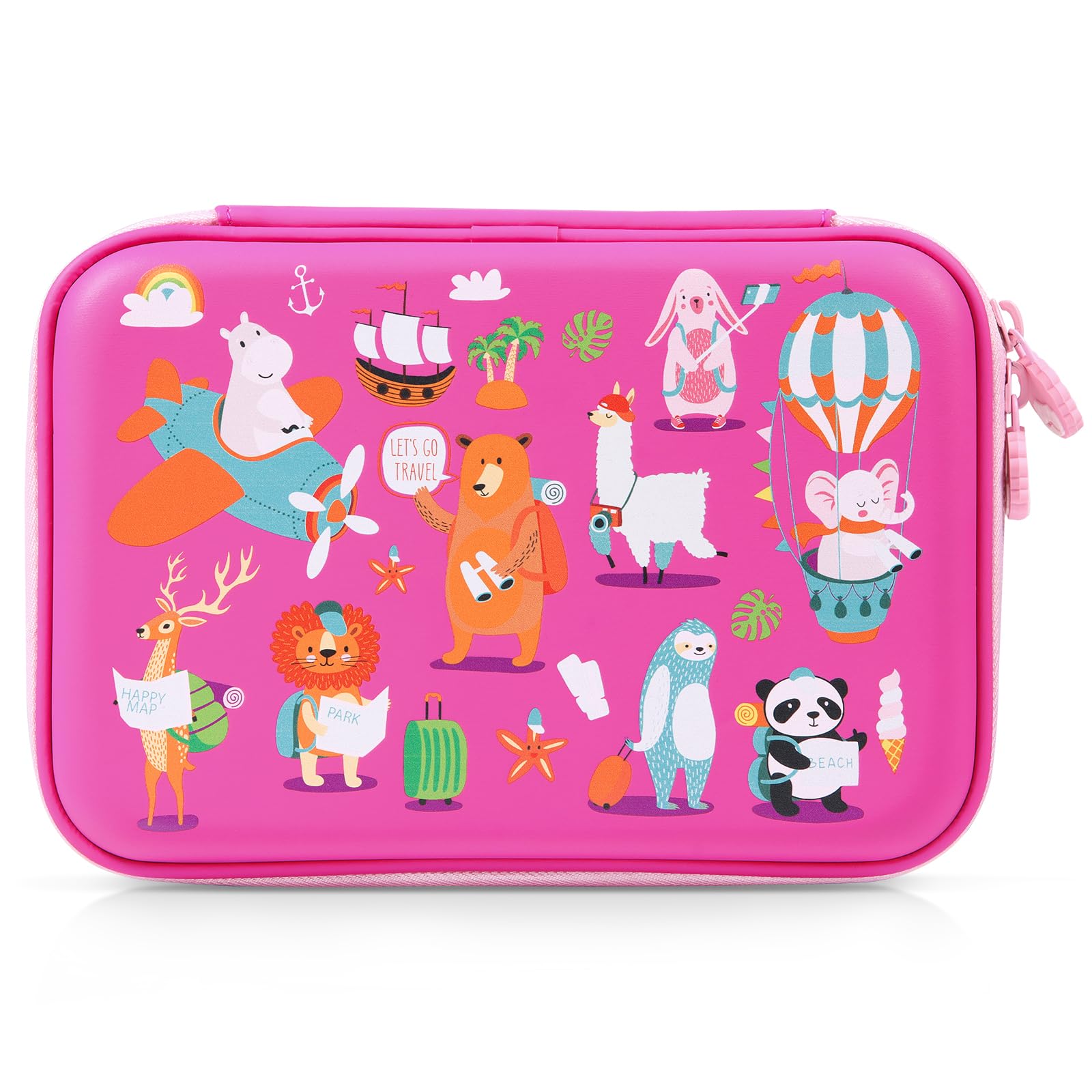 Rockpapa Let'S Go Travel Pencil Case For Kids Girls, Hippo Rabbit Elephant Panda Lion Bear Sheep Pencil Box For School Purplish