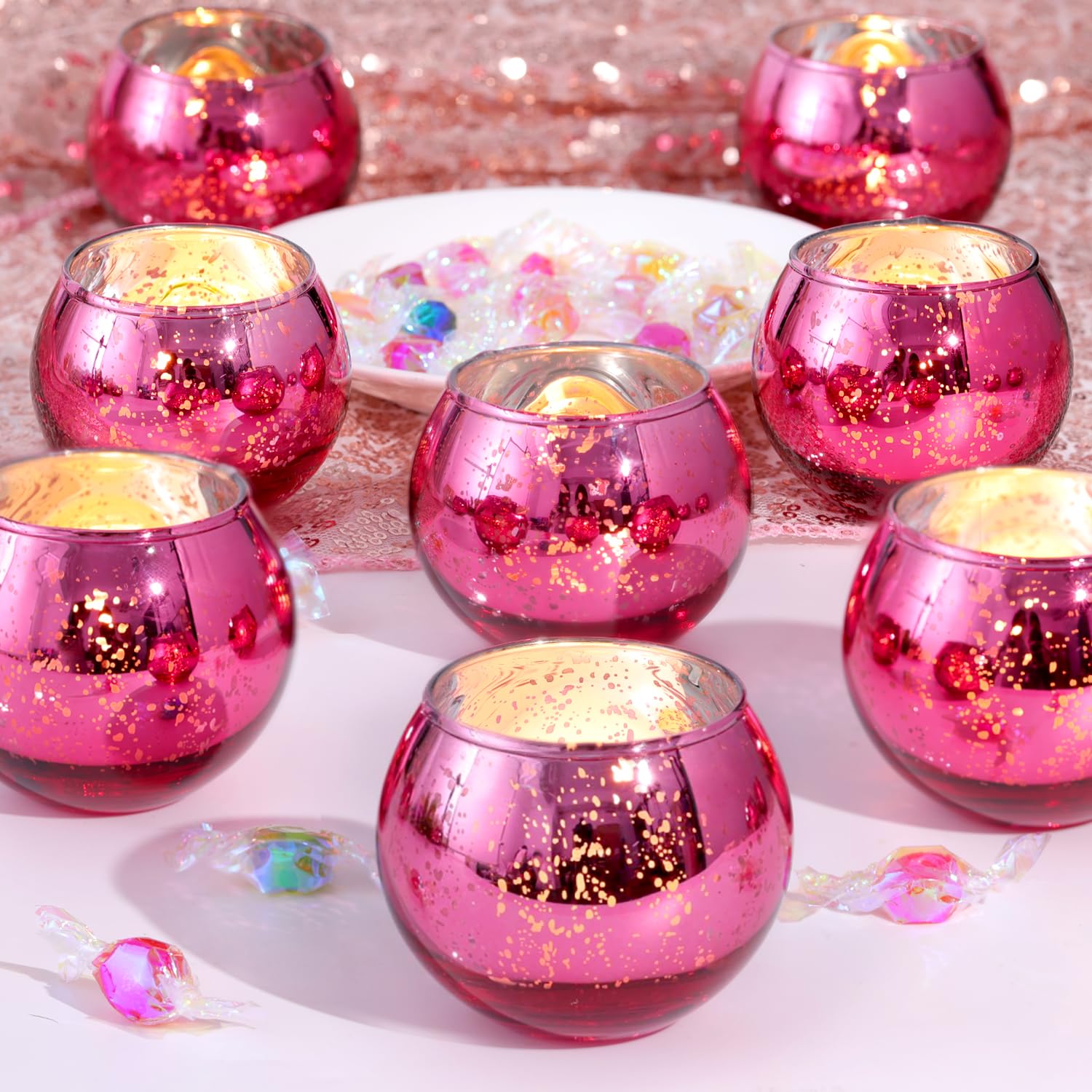 LAMORGIFT 12 Pcs Hot Pink Candle Holders for Barbie Birthday Party Decorations- Summer Bridal Shower Decorations, Votive Candle 
