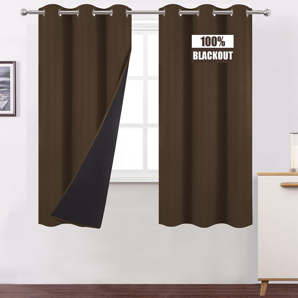 LEMOMO 100% Blackout Curtains 40 x 63 Inch/Chocolate Brown Curtains 2 Panels with Black Liner/Double Layer Full Room Darkening B
