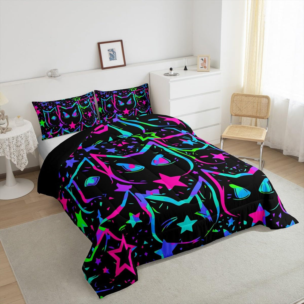 Erosebridal Halloween Cat Bedding, Black Cat Comforter Set For Kids Girls Boys Teens, Ombre Glowing Neon Stars Down Comforter, K