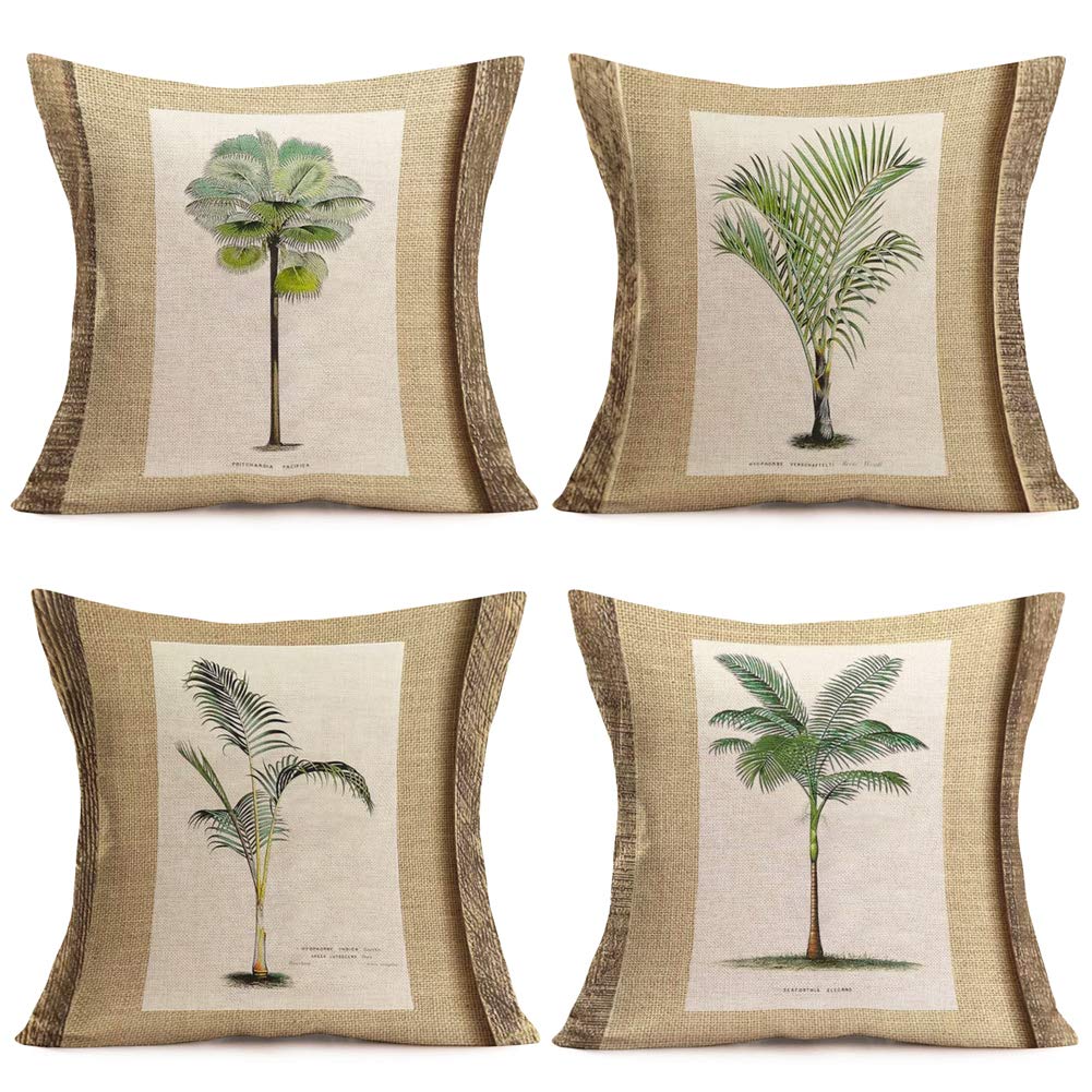 Fukeen Set Of 4 Tropical Paradise Plant Throw Pillow Case Coconut Palm Tree Decorative Burlap Cushion Covers Exotic Beach Style