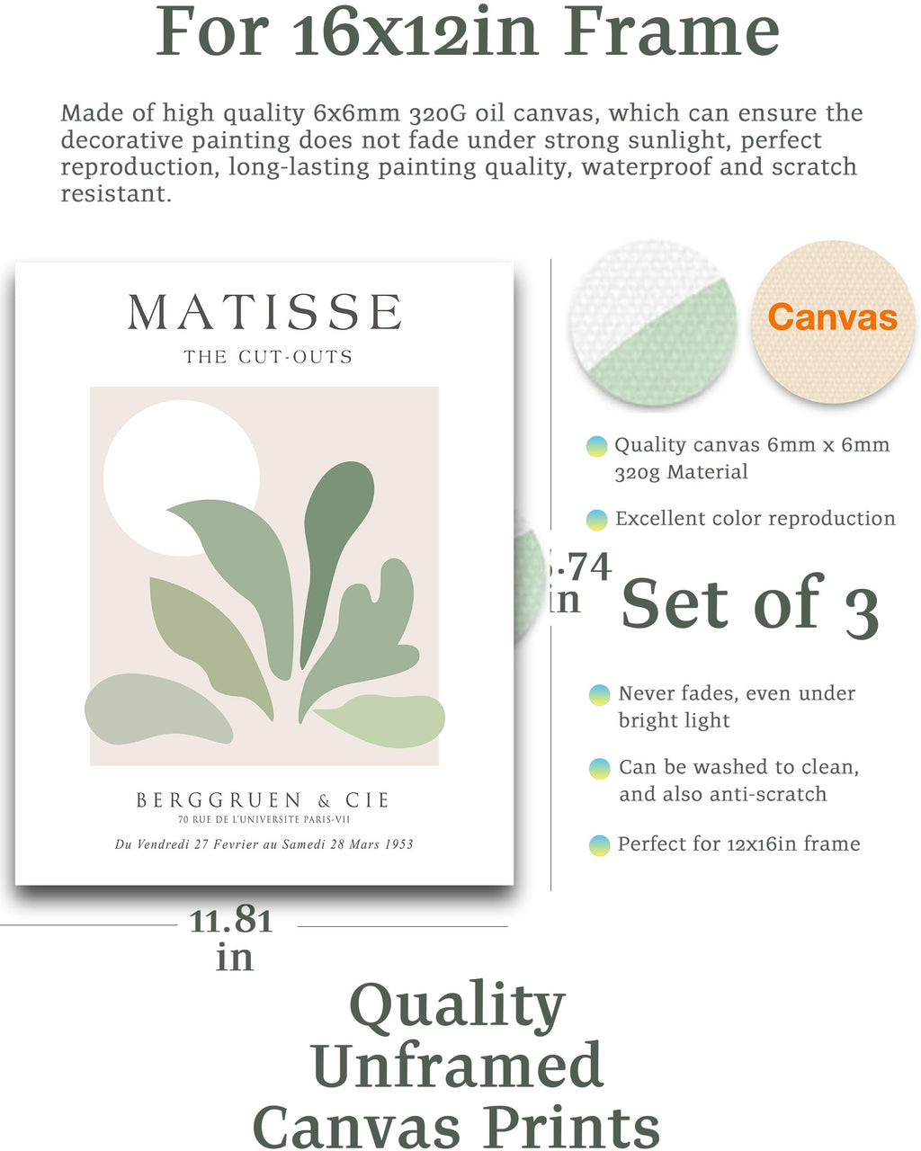 Hesendot Unframed Sage Matisse Wall Art Set Of 3,Abstract Matisse Wall Decor,Quality Canvas Prints For 12X16In,Art Posters Decor