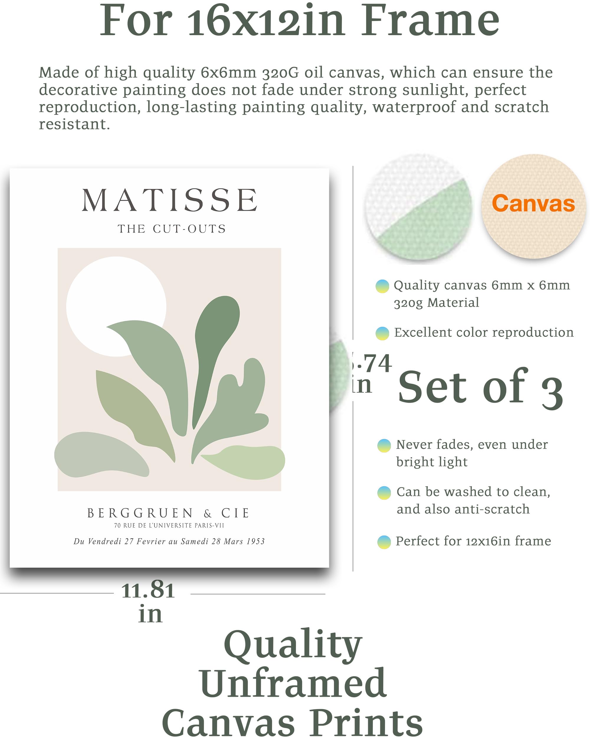 Hesendot Unframed Sage Matisse Wall Art Set Of 3,Abstract Matisse Wall Decor,Quality Canvas Prints For 12X16In,Art Posters Decor