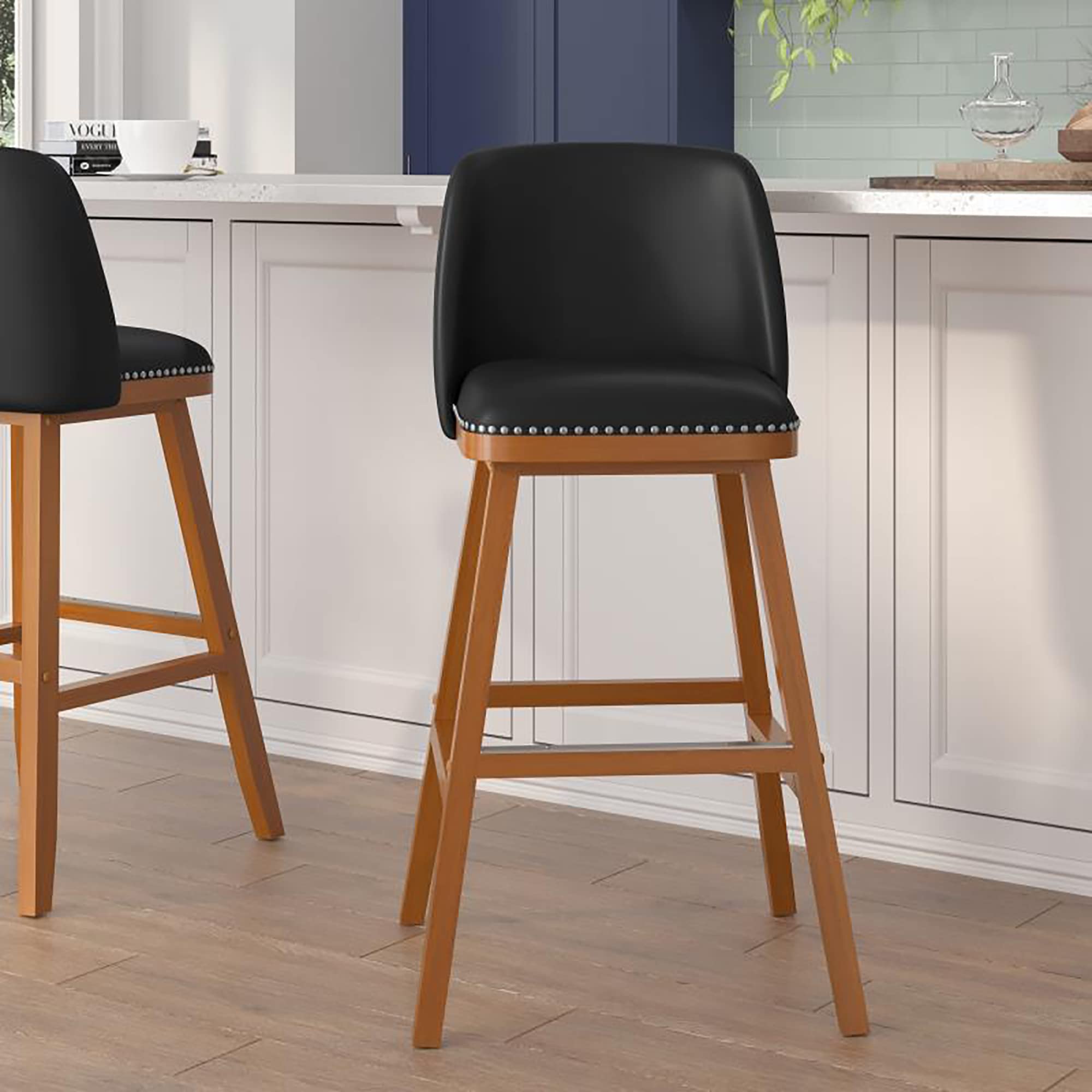 Flash Furniture Julia Set of 2 Transitional Counter Stools - Black LeatherSoft Upholstery - Silver Nailhead Trim - 30 Inch - Walnut Finish Wood Frames