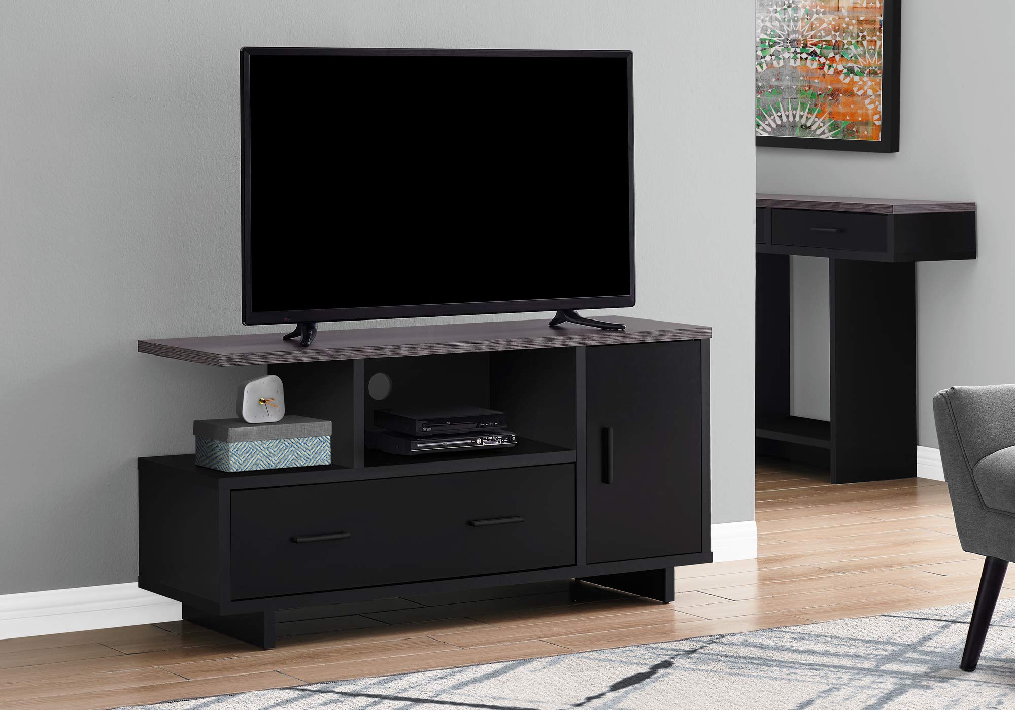 Monarch Specialties I STAND-48 L Grey TOP with Storage TV Stand, black