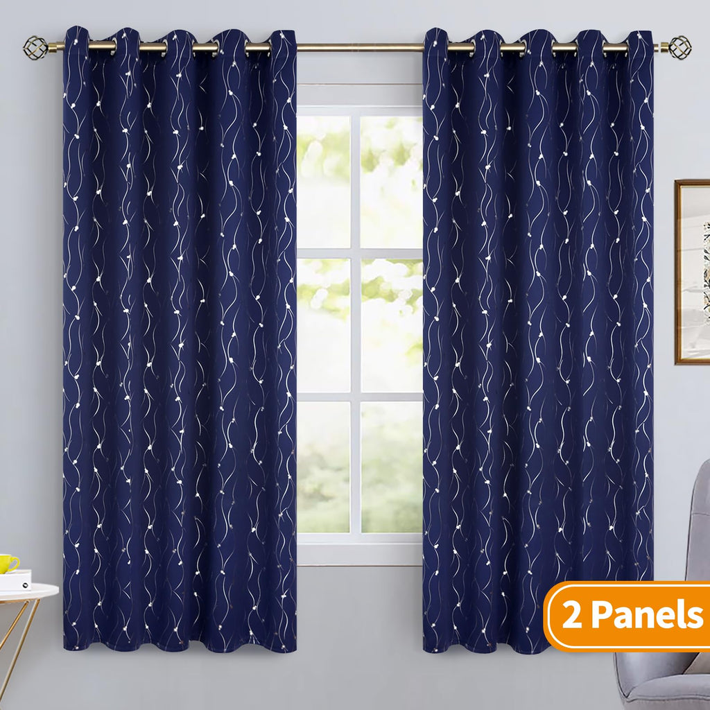 Bgment Blackout Curtains 60 Inches Wide For Bedroom/Living Room, Room Darkening Thermal Insulated Grommet Window Drapes With Line And Dots Pattern, 2 Panels, Each Panels 60 X 63 Inch, Navy Blue