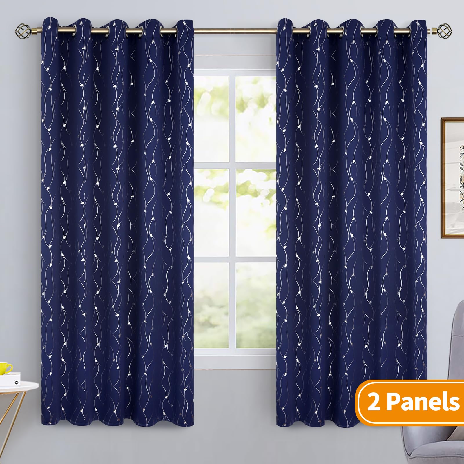 Bgment Blackout Curtains 60 Inches Wide For Bedroom/Living Room, Room Darkening Thermal Insulated Grommet Window Drapes With Line And Dots Pattern, 2 Panels, Each Panels 60 X 63 Inch, Navy Blue