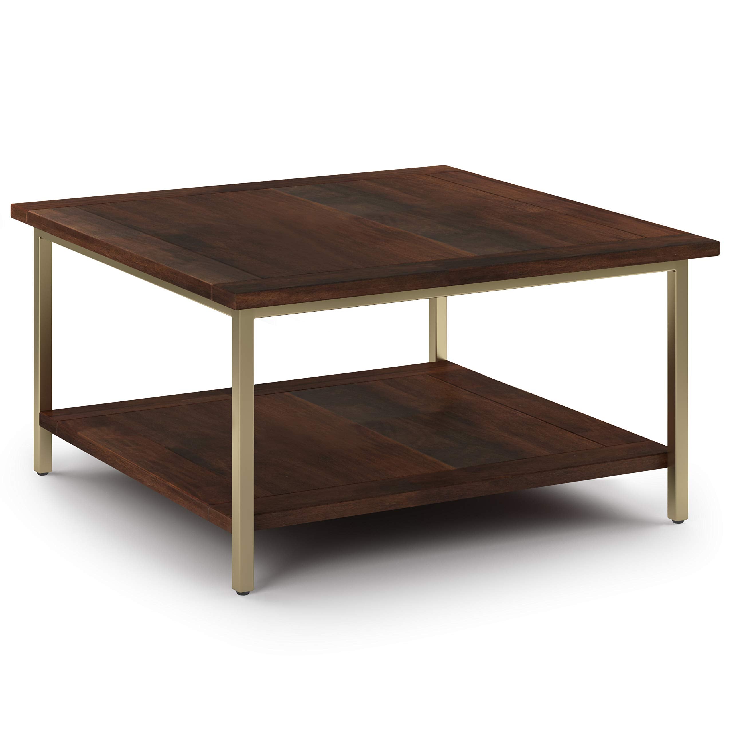 Simplihome Skyler Solid Mango Wood And Metal 34 Inch Wide Industrial Square Coffee Table In Dark Brown / Gold, For The Living Ro
