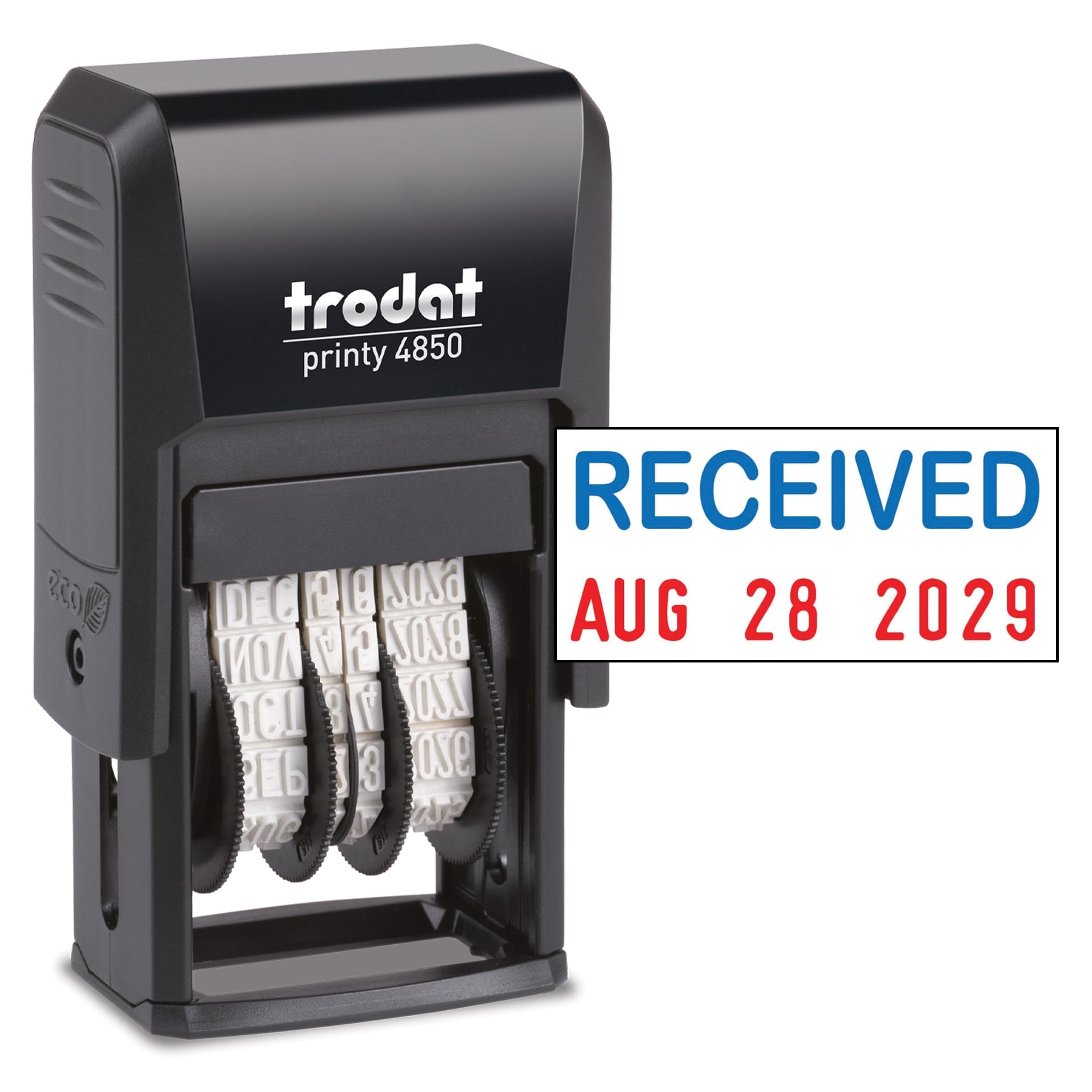 Trodat Printy 4850 Date Stamp - Pocket Sized Self-Inking Stamp With Received Message - Blue And Red Ink, 3/4' X 1'