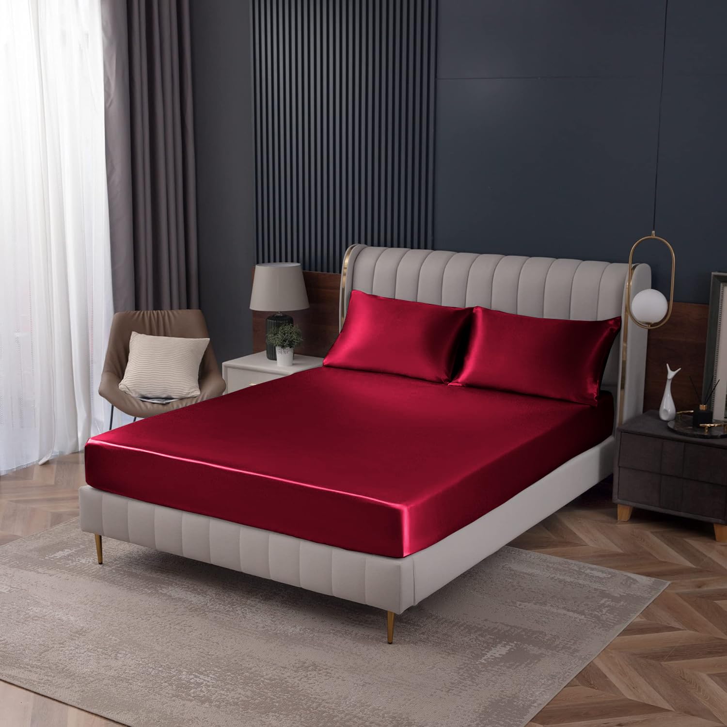 Homiest Burgundy Satin Fitted Sheet Full Size Fitted Bed Sheet, Deep Pocket Fitted Sheet Only, Luxury & Ultra Soft Bedding Fitted Sheet Single Bottom Bed Sheets Sold Separately