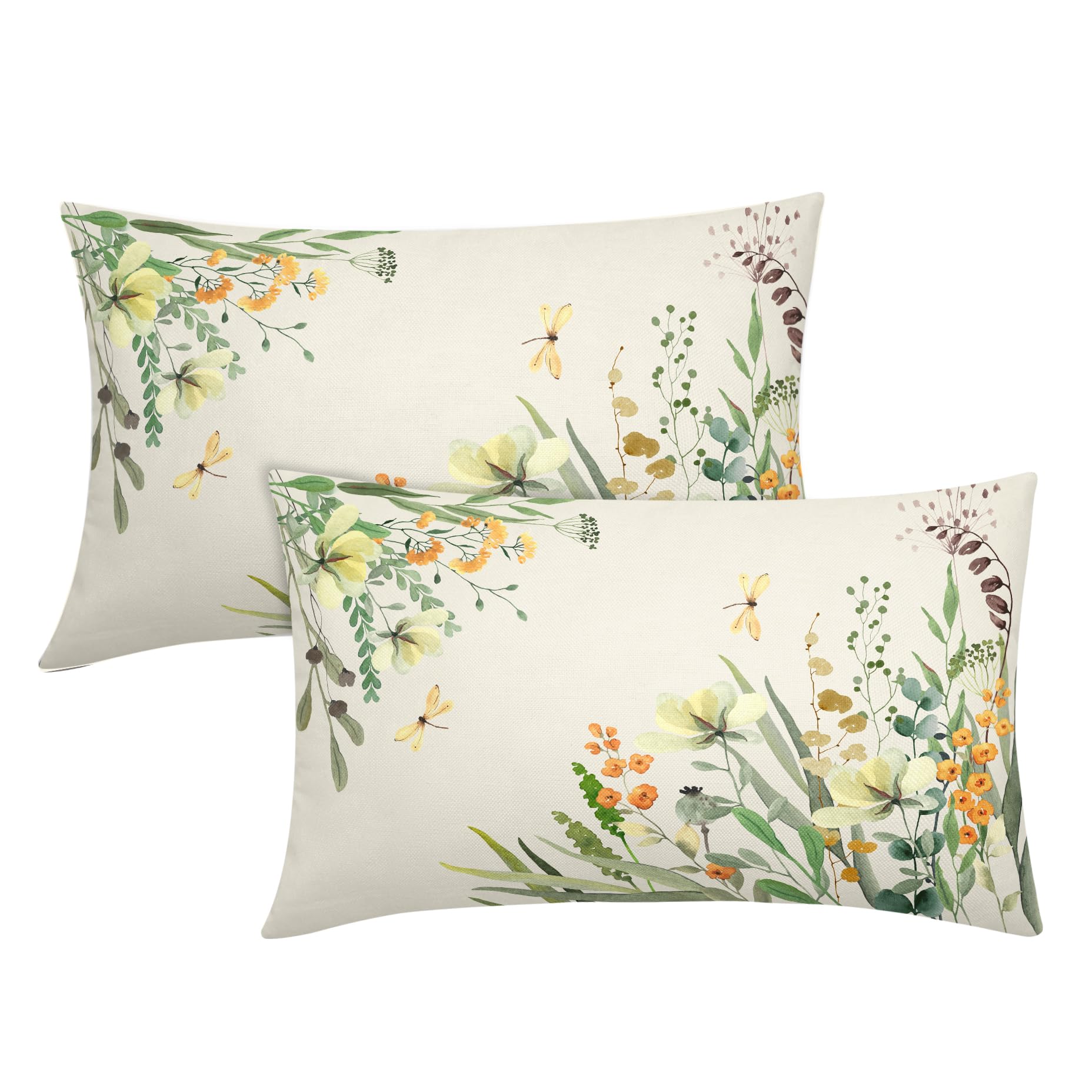 Spring Summer Lumbar Pillow Covers 12X20 Inch Set Of 2 Yellow Flowers Leaves Butterfly Decorative Pillow Cases Green Leaf Floral
