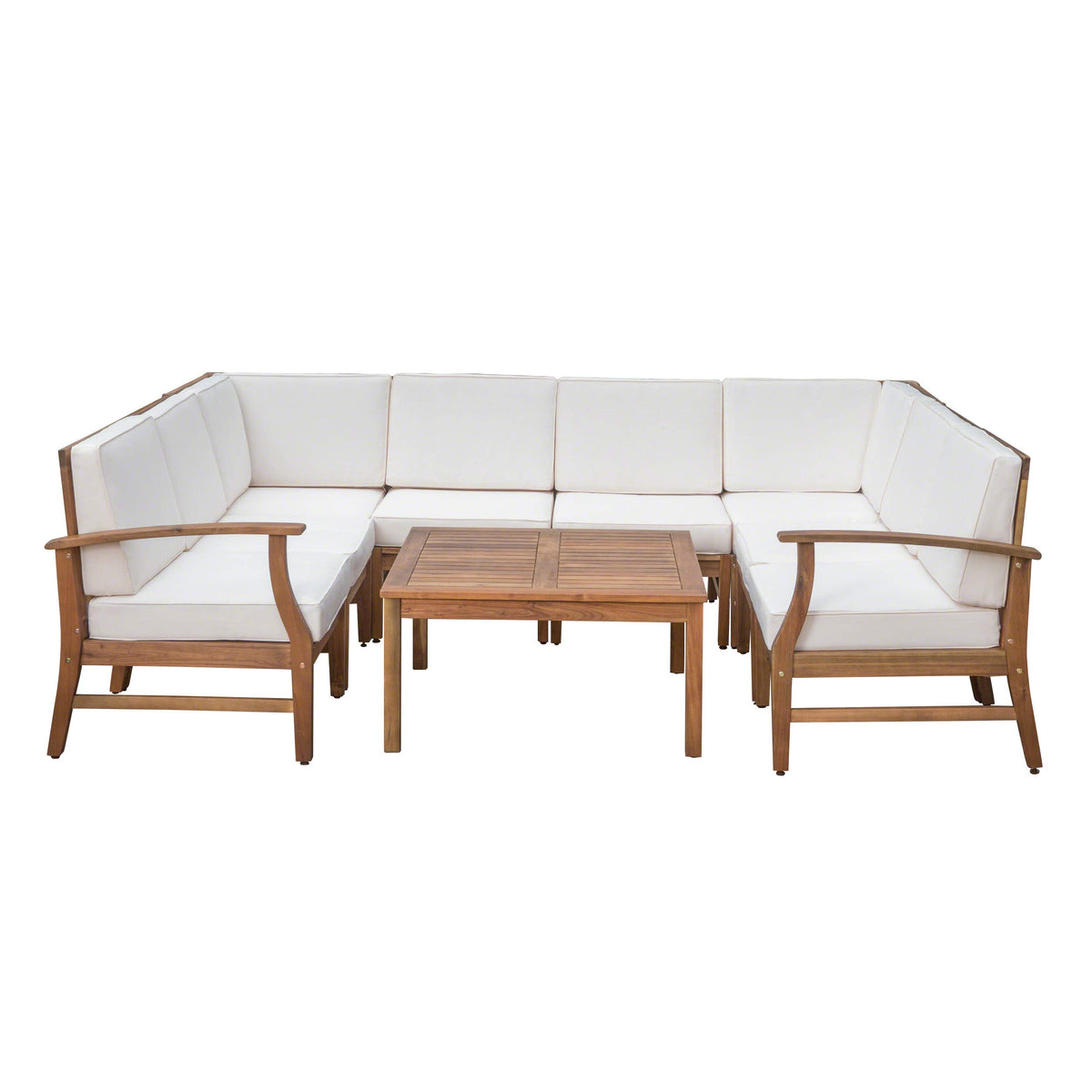 Gdfstudio Outdoor 8 Seater Teak Finished Acacia Wood Sectional Sofa And Table Set With Cream Water Resistant Cushions