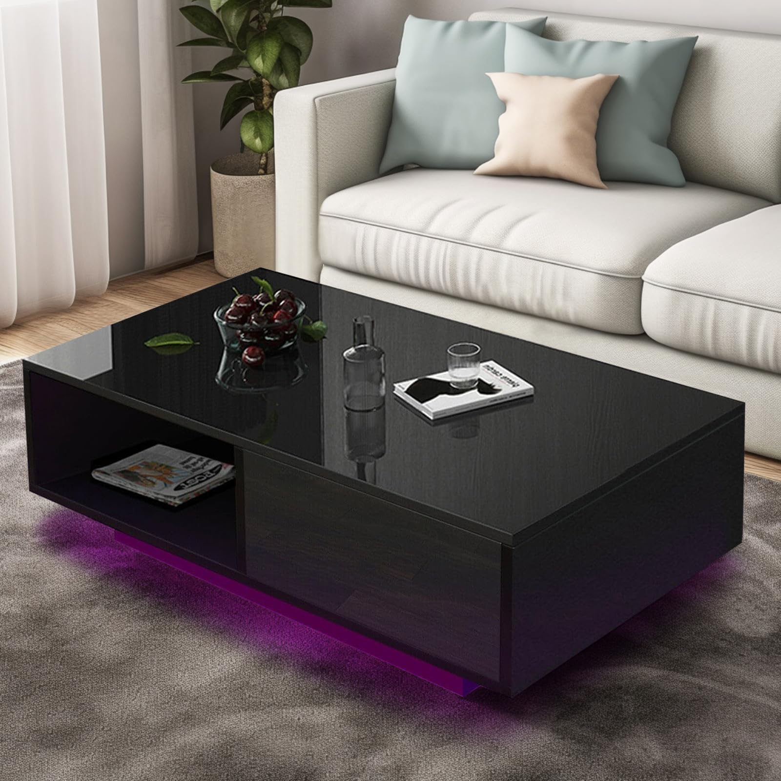 COSVALVE 43.3IN LED Black Coffee Tables for Living Room with 16 Colors LED Lights Modern Coffee Table with Storage Drawer Rectan