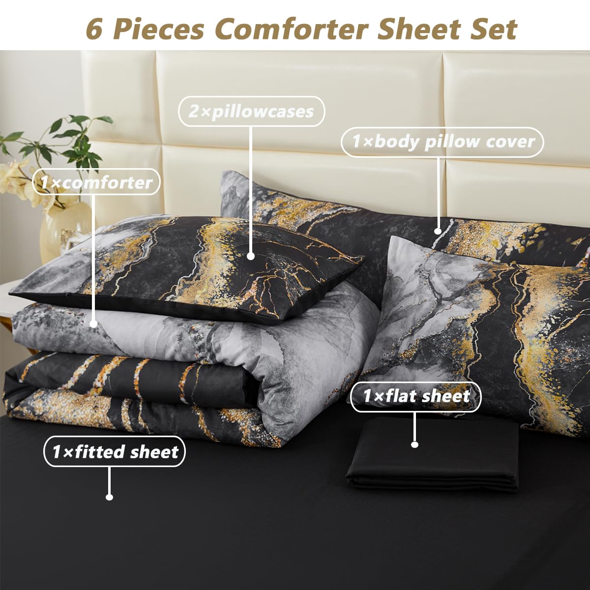 Perfemet California King 6 Piece Bed In A Bag Black Watercolor Marble Printed Bedding Comforter With Sheets Colorful Stylish Ret