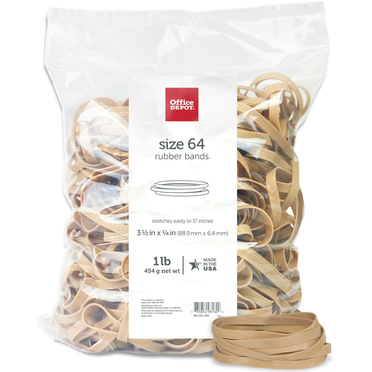 Office Depot Rubber Bands, #64, 3 1/2In. X 1/4In., 1 Lb. Bag, 2464408