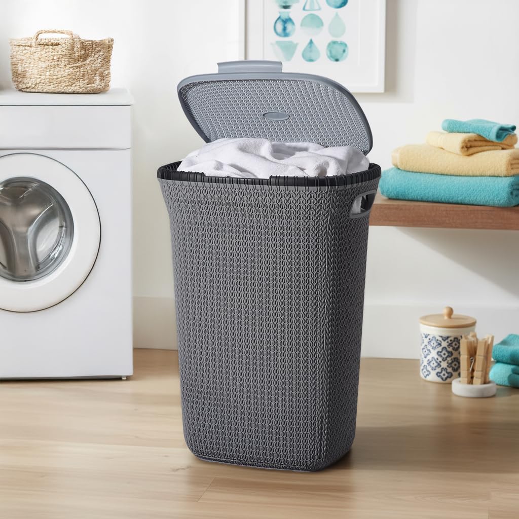 Kuber Industries 55 Ltr Plastic Big Laundry Basket for Clothes with Lid & Carry Handles | Lightweight & Ventilated Design Cloth