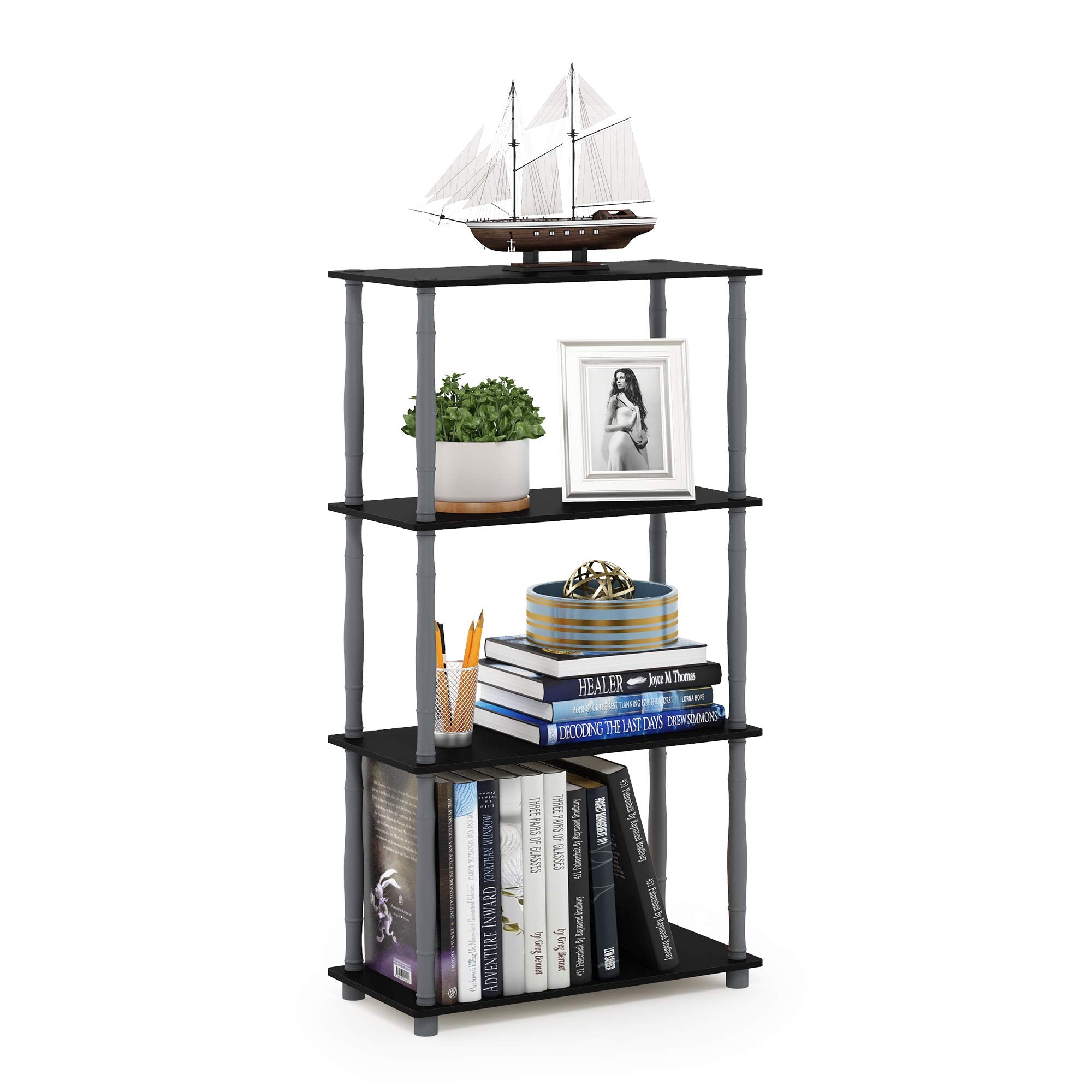 Furinno Turn-N-Tube 4-Tier Multipurpose Shelf Display Rack, Classic Tubes, Black/Grey