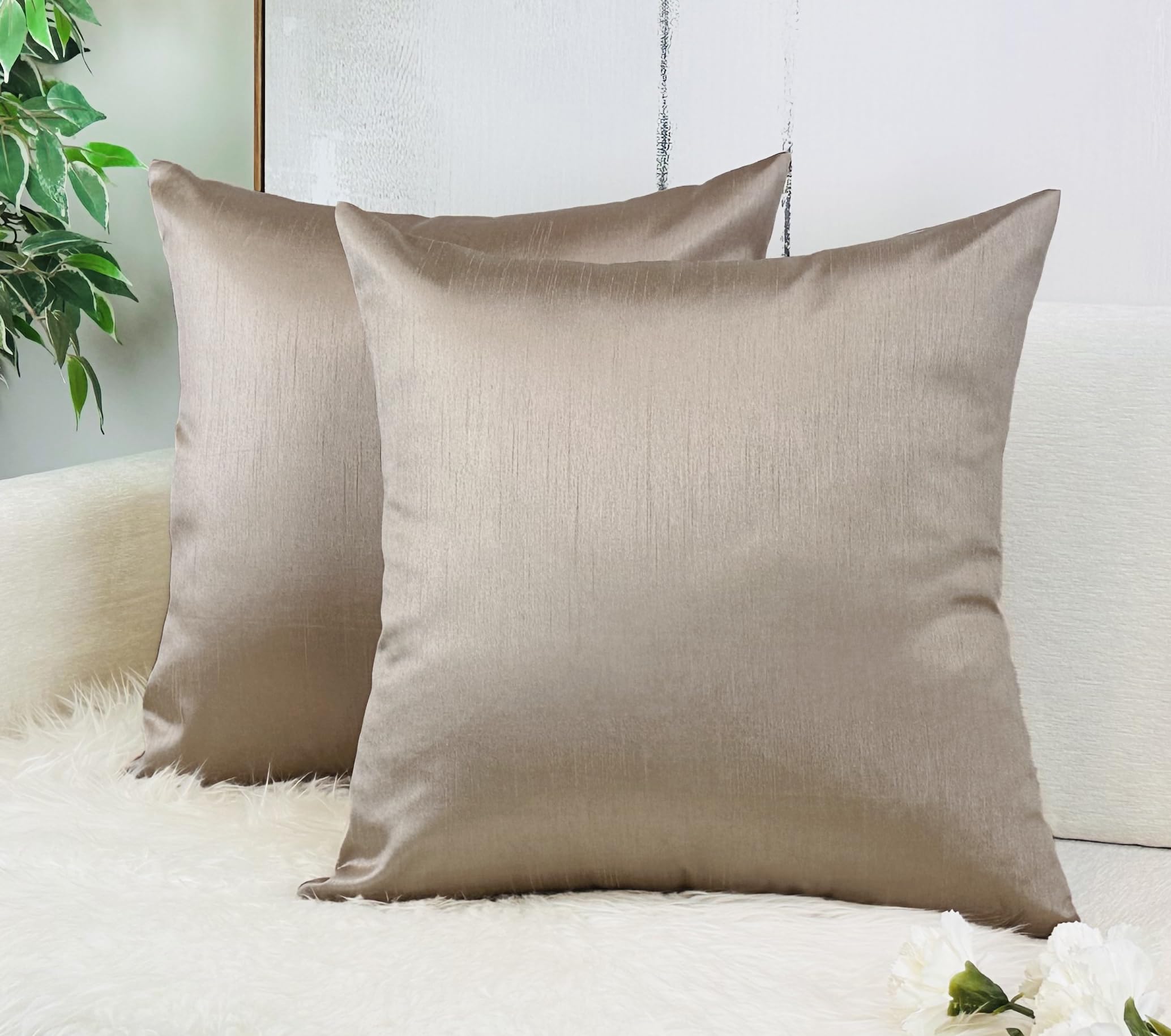 Aiking Home 24X24 Inches Faux Silk Square European Shams, Zipper Closure, Sand (Set Of 2)