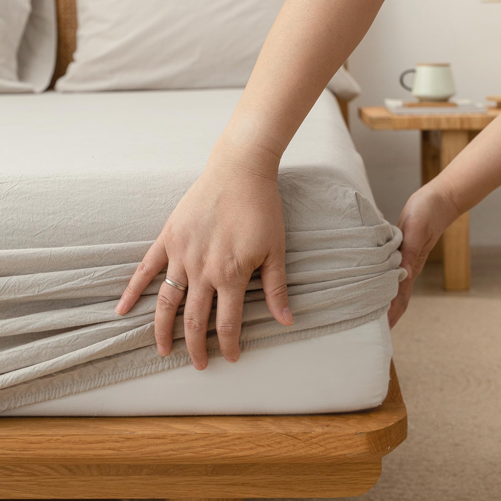 Bestouch Fitted Sheet Only 100% Washed Cotton Linen Feel Easily Fits Deep Pockets Up To 17 Inch Solid Linen Grey King