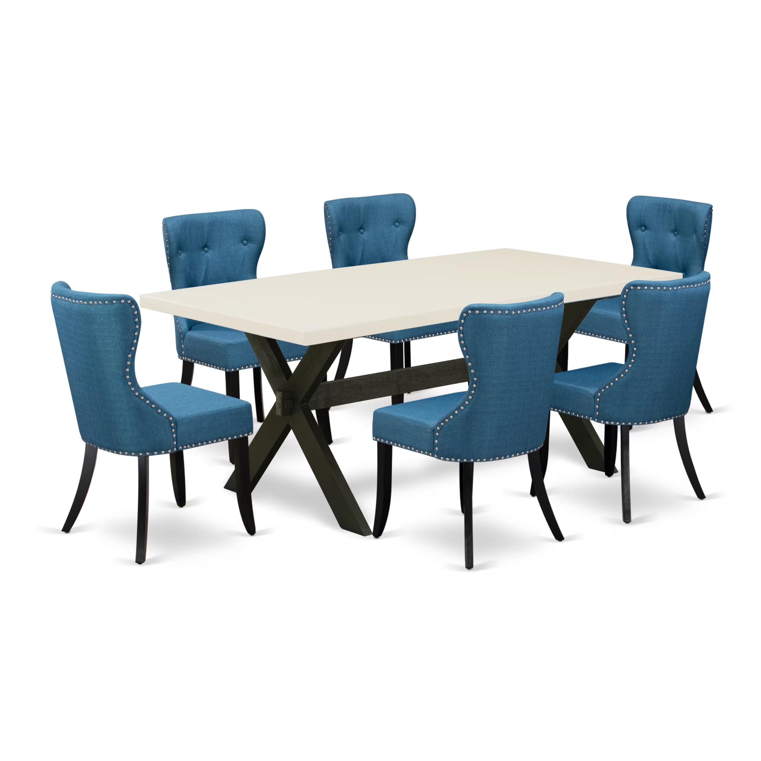 East West Furniture X627Si121-7 7 Piece Modern Dining Table Set Consist Of A Rectangle Wooden Table With X-Legs And 6 Blue Linen Fabric Parson Dining Chairs, 40X72 Inch, Multi-Color