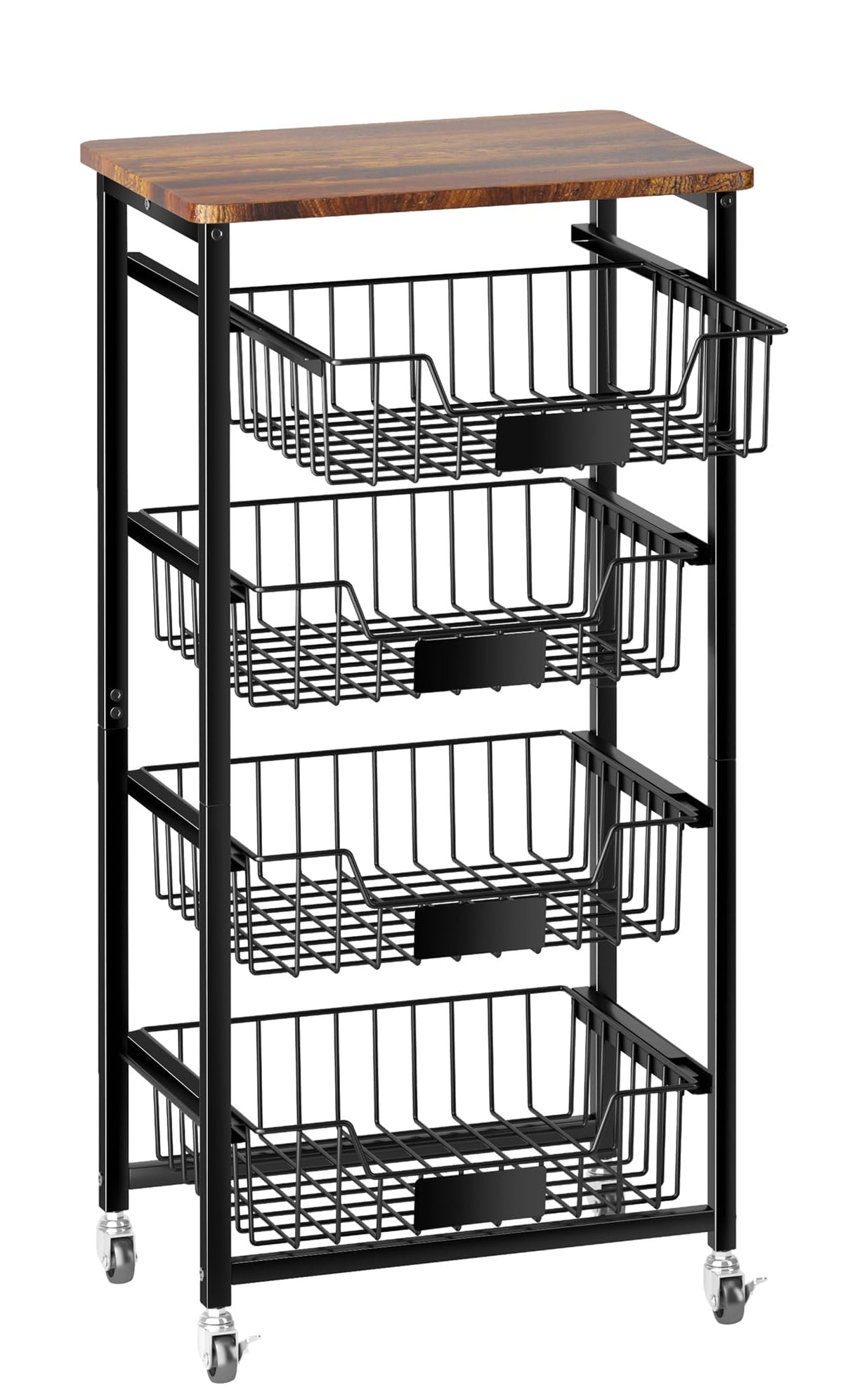 OKZEST Fruit Basket, 5-Tier Utility Kitchen Organizer and Storage Cart with Pull-Out Baskets and Wood Top, Rolling Pantry Kitche