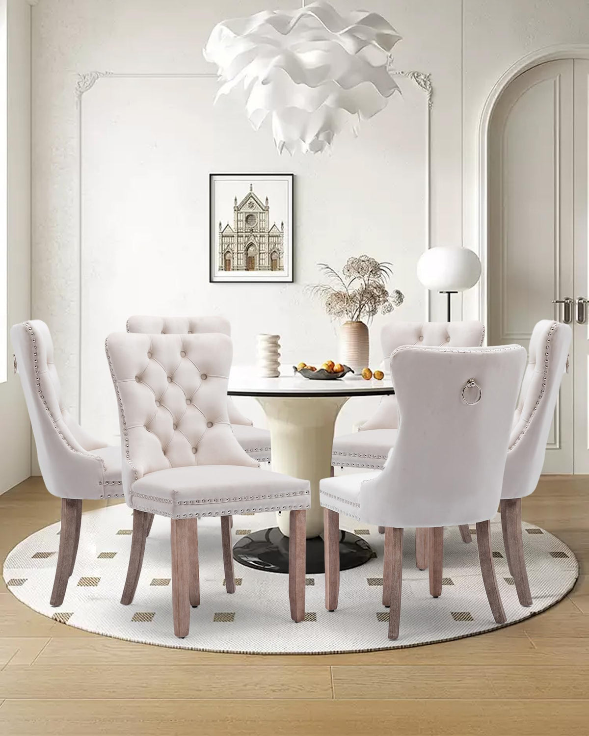 Vicbarley Linen Dining Chair Set Of 6 Upholstered Tufted Dining Room Chair With Nailhead Trim And Solid Wood Legs For Kitchen, R