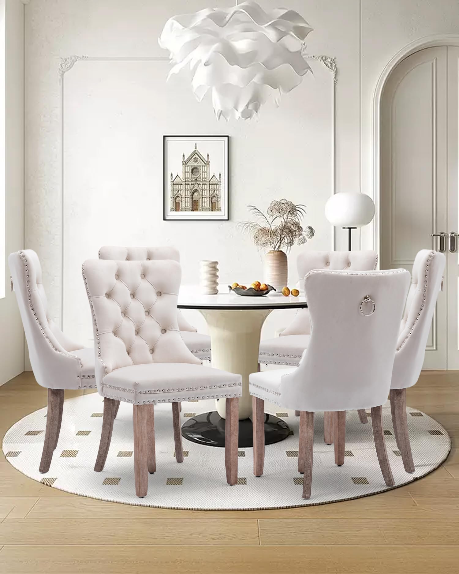 Vicbarley Linen Dining Chair Set Of 6 Upholstered Tufted Dining Room Chair With Nailhead Trim And Solid Wood Legs For Kitchen, R