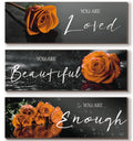 ZINYAZHE 3 Pieces Orange Wall Decor Inspirational Orange Roses Bathroom Decor Wooden Wall Art Positive Quotes You Are Loved You 