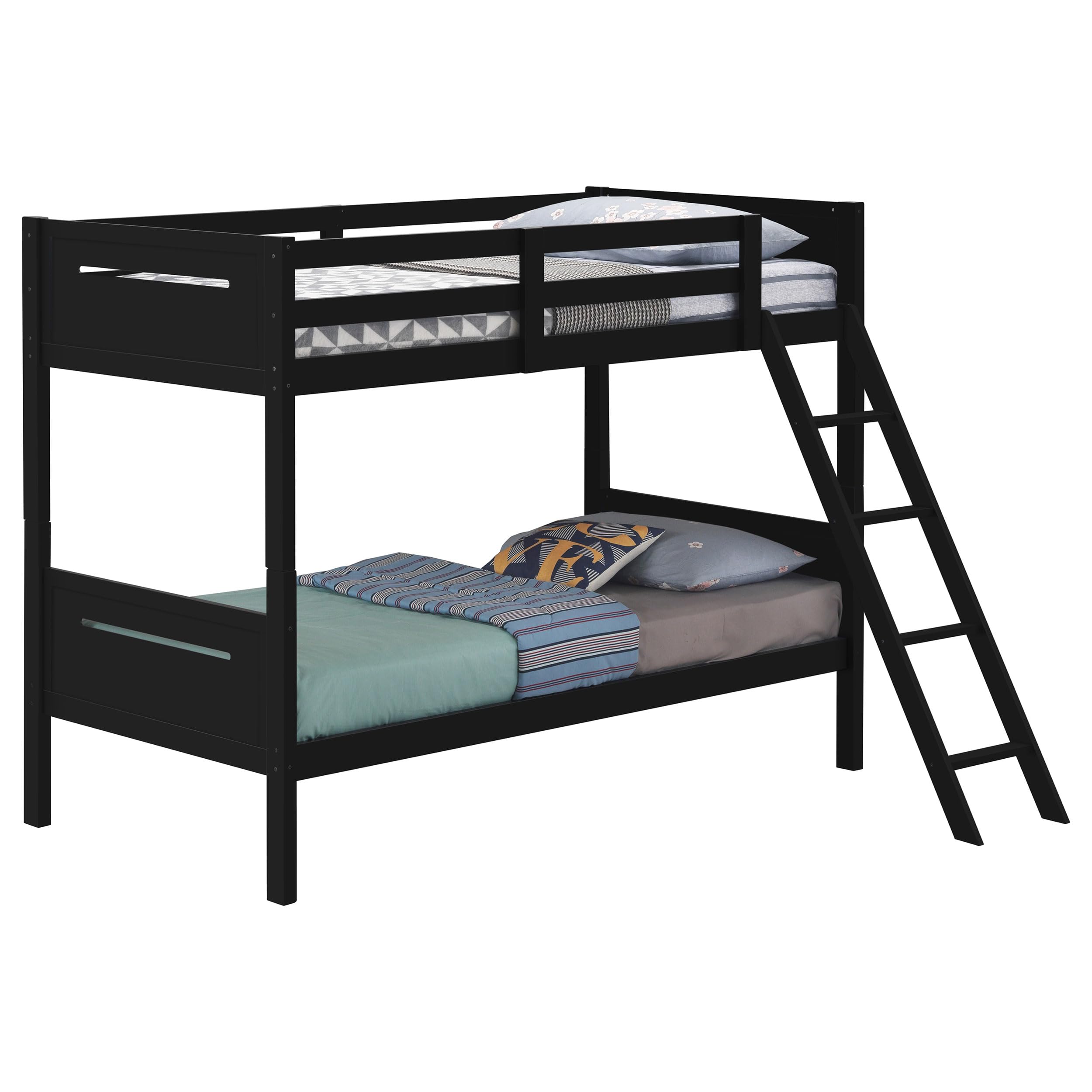 Coaster Home Furnishings Littleton Transitional Wood Twin Over Twin Size Bunk Bed Frame with Ladder and Guardrails Fully Slatted Mattress Ready Foundation Black 405051BLK