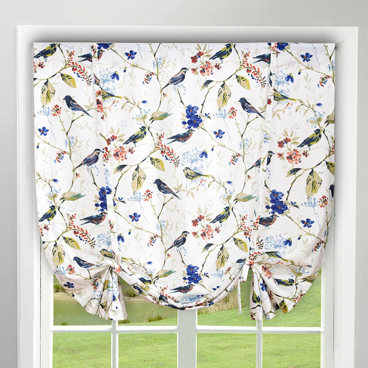 Vogol Tie Up Curtains 63 Inches Long For Bathroom, Vivid Birds And Floral Print Adjustable Balloon Shades Rod Pocket Window Drap