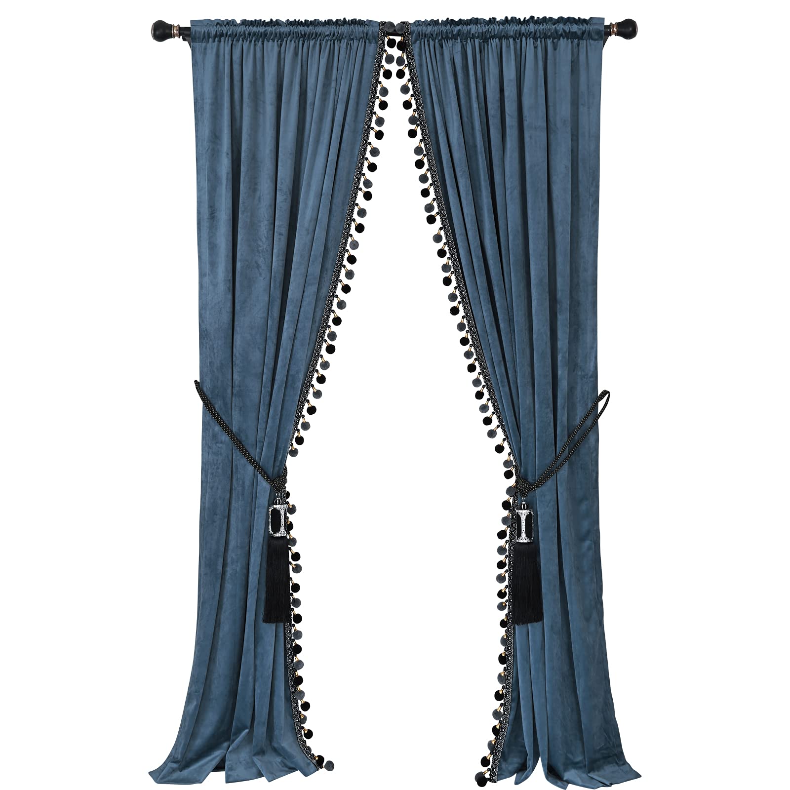 Luxury Pom Poms Curtain For Living Room Blackout Velvet 2 Panels Curtains Set Luxury Tassel Bedroom Curtains(Grey-Blue, (50W  84
