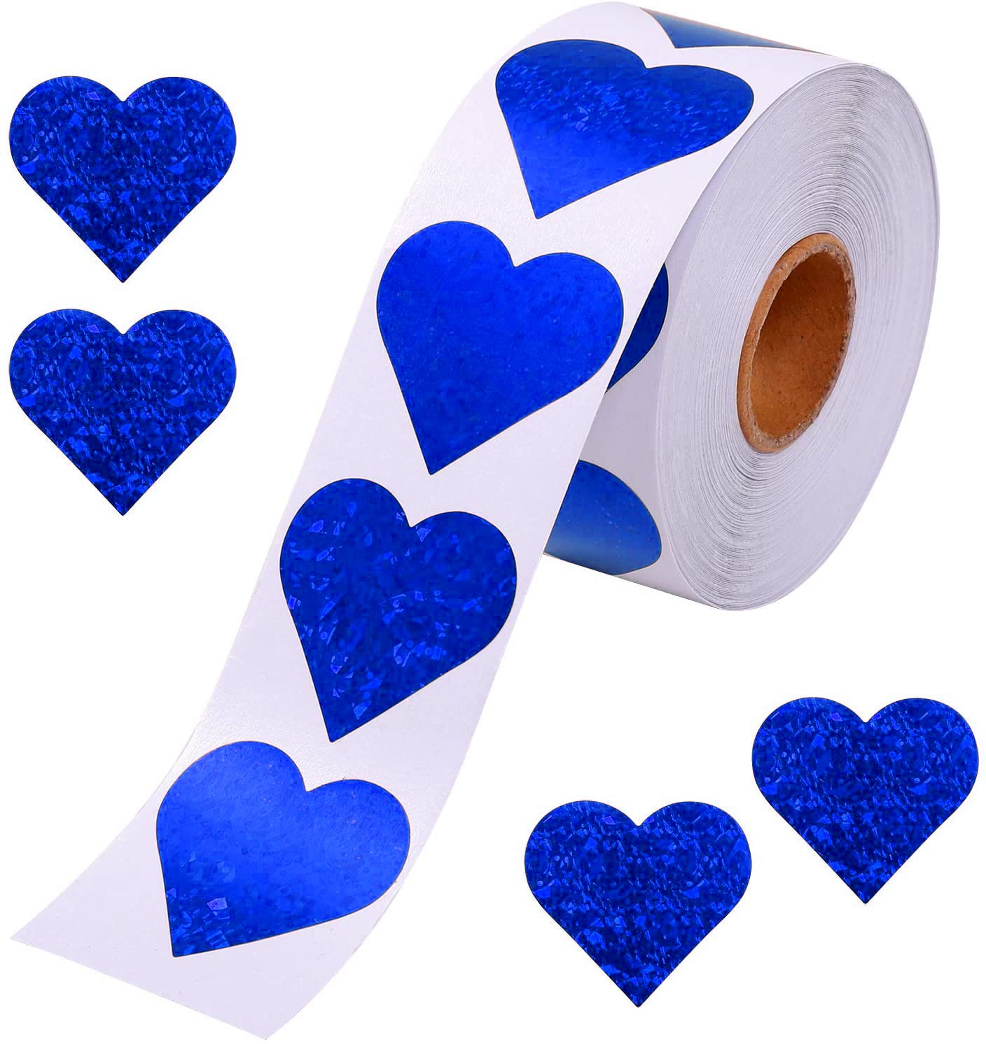 1.5' Glitter Blue Heart Stickers, Large Heart Labels Valentines Decor 500 Per Roll, Valentine'S Day Love Decorations For Weddin