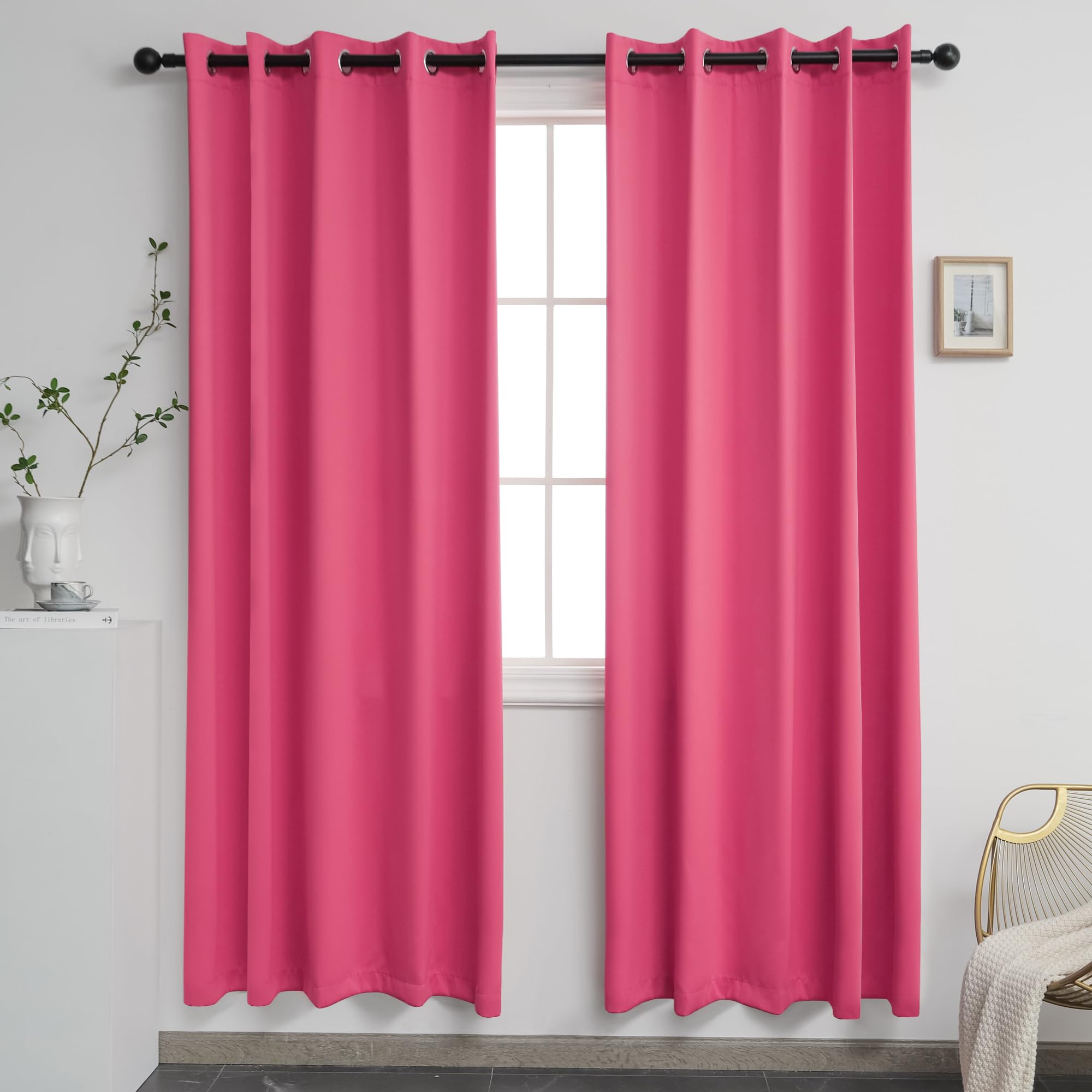 Ygo Extra Wide Windows Curtains For Living Room, Grommet Top Room Darkening Windows Drapes For Bedroom, 2 Panels, Hot Pink, 72W
