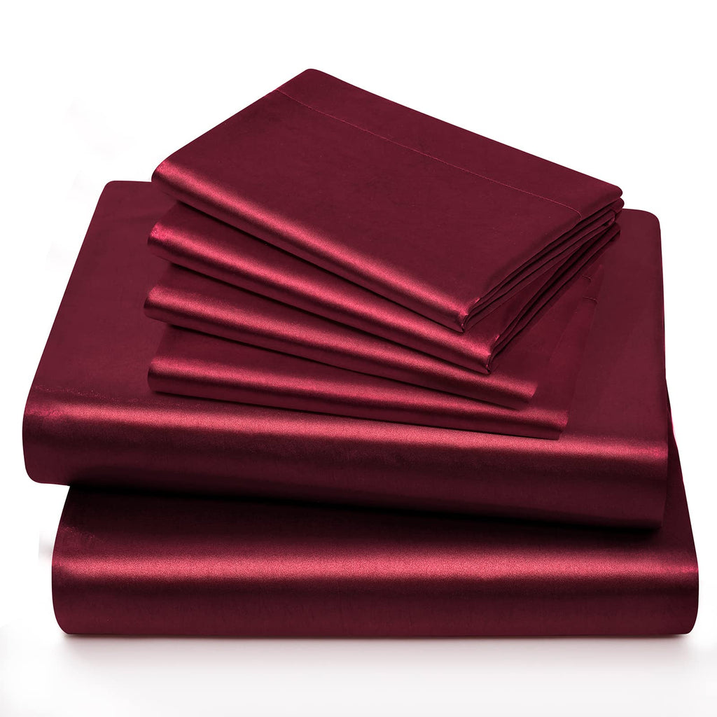 Horbaunal 6 Piece Satin Sheet Set King Size Luxury Silky & Soft Burgundy Satin King Bed Sheet Set With 16'' Deep Pocket, 1 Fitte