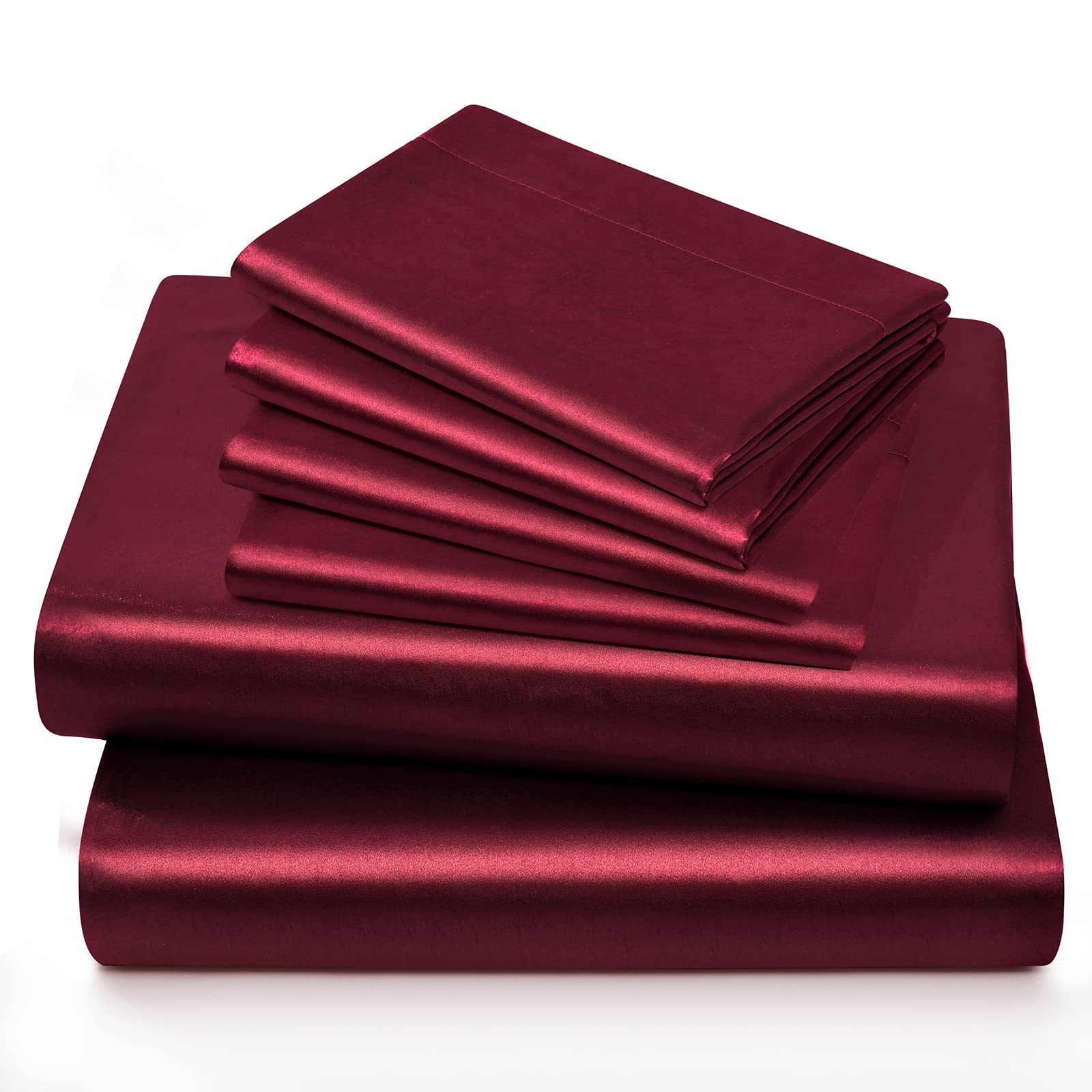 Horbaunal 6 Piece Satin Sheet Set Queen Size Luxury Silky & Soft Burgundy Satin Queen Bed Sheet Set With 16'' Deep Pocket, 1 Fit