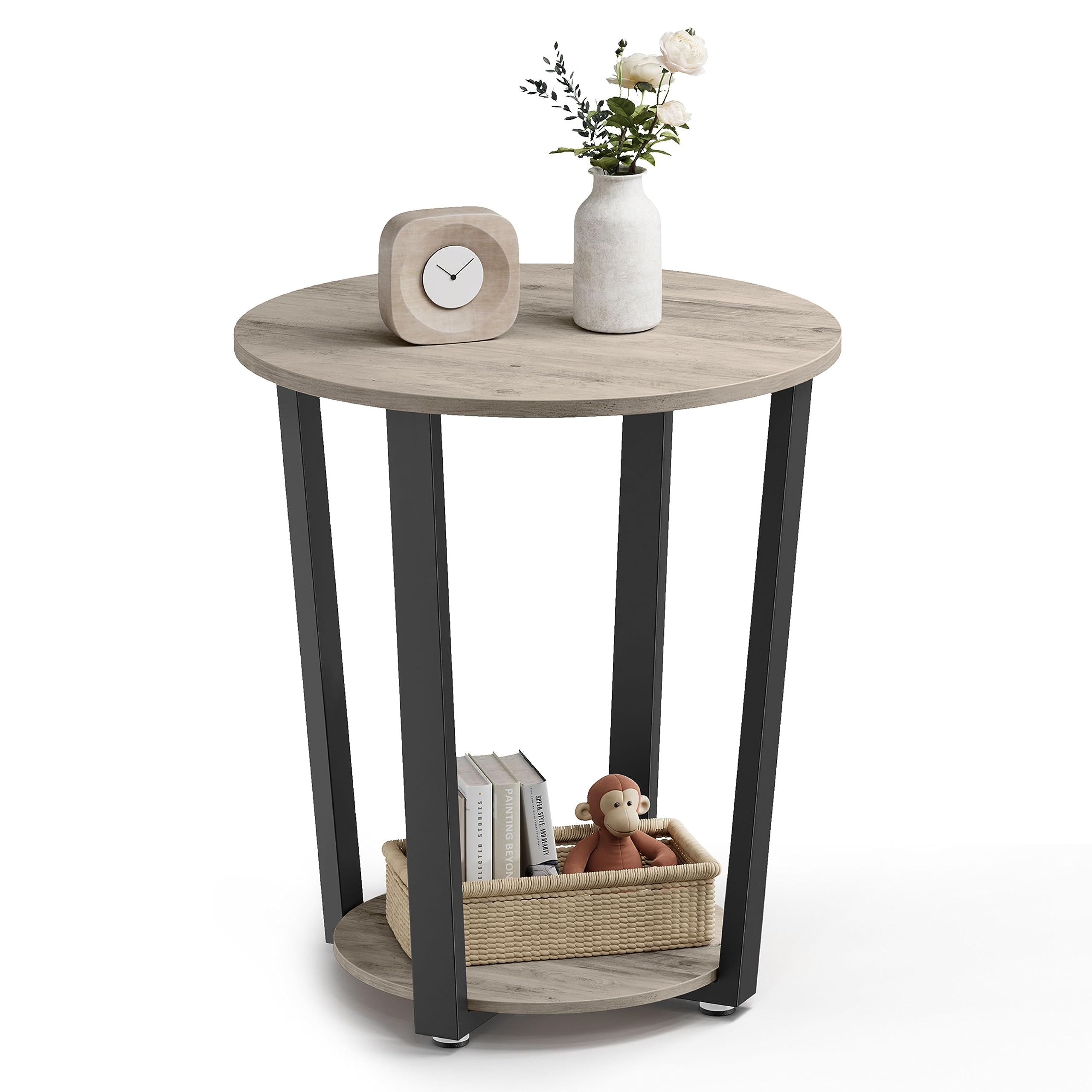 VASAGLE End Table, Round Side Table with Storage Shelf, Easy Assembly, Industrial Accent Furniture with Steel Frame, Heather Gre