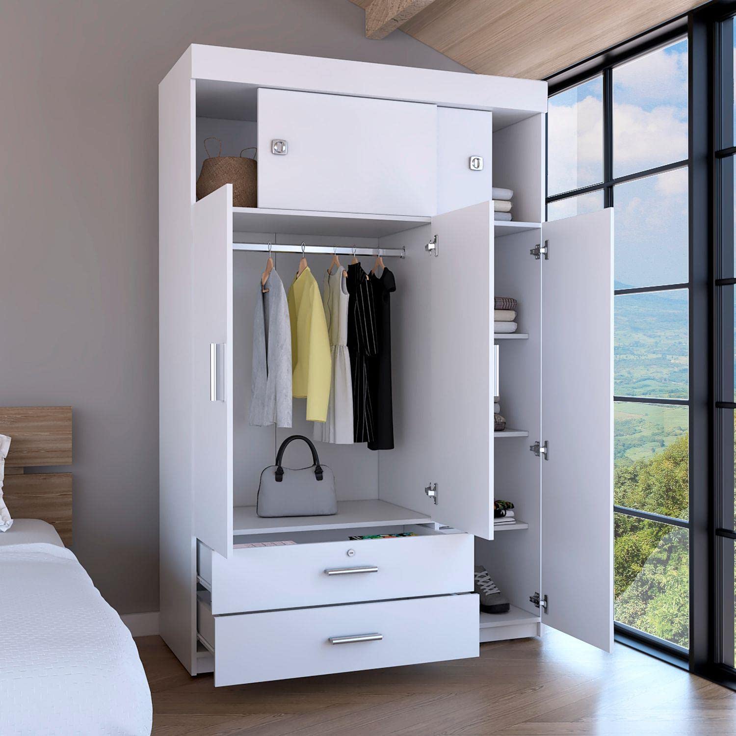 Indiana Armoire, 3 Door Cabinet, 2 Drawers, Metal Hardware, Rod, White