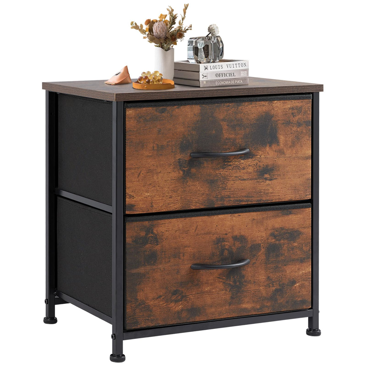 Dumos Nightstand Small Dresser With 2 Fabric Drawers Side Bedroom End Table Kids Bedside Storage Furniture For 20 Inch Tall Night Stand For Closet, Entryway, College Dorm, Rustic Brown, Medium