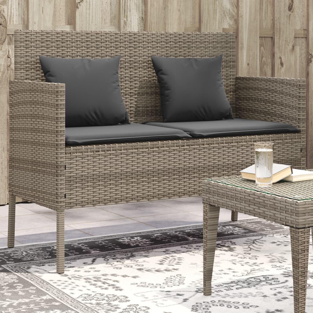 vidaXL Outdoor Loveseat Bench with Storage and Cushions - Gray Poly Rattan Patio Bench, Comfortable Dual Seating for Garden, Deck, Waterproof