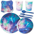 BLUE PANDA 168 Pieces Galaxy Party Supplies with Paper Plates, Napkins, Cups, and Cutlery for Outer Space Birthday Party Decorat