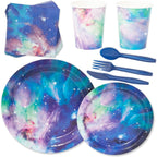 BLUE PANDA 168 Pieces Galaxy Party Supplies with Paper Plates, Napkins, Cups, and Cutlery for Outer Space Birthday Party Decorat