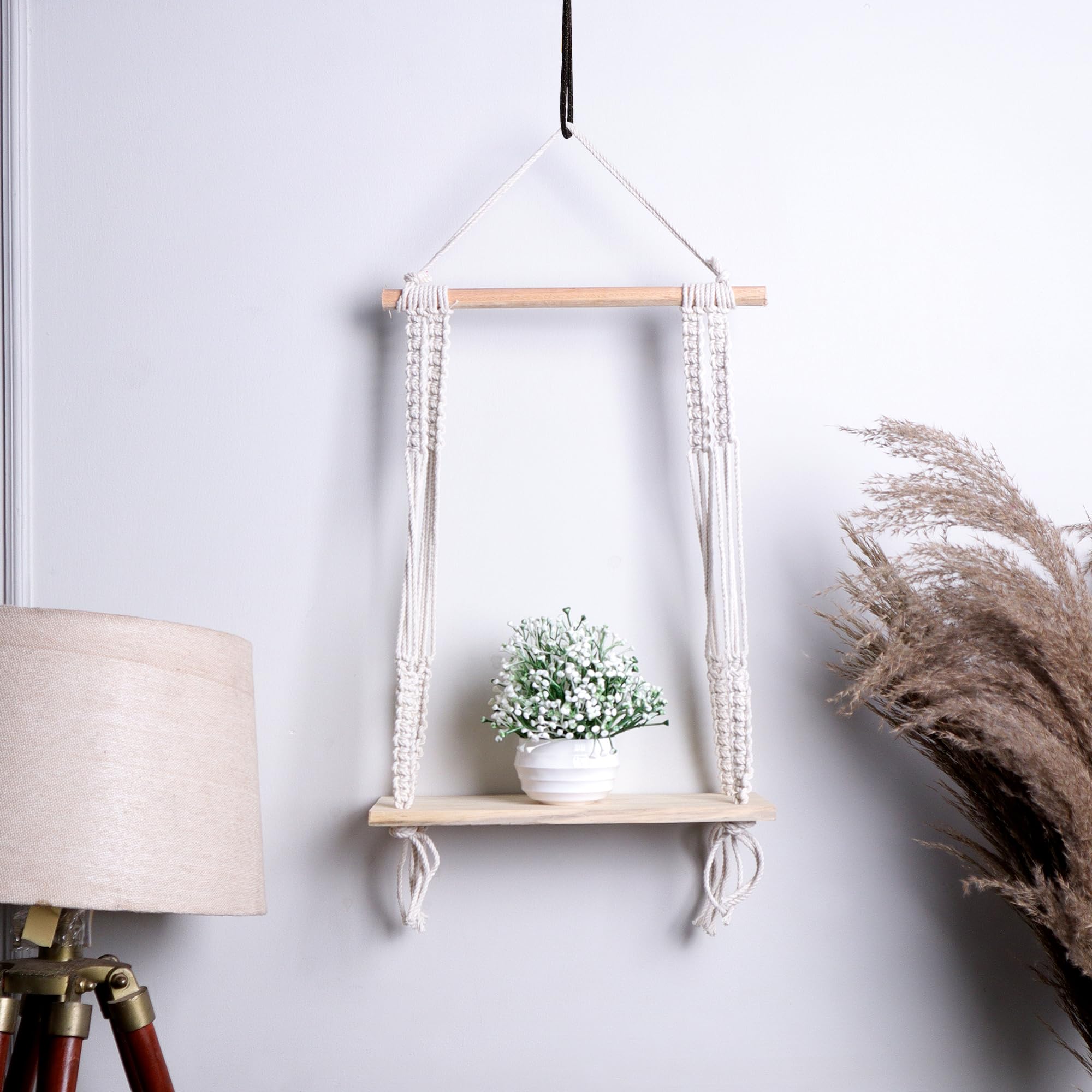 Akaar DCor Indoor Boho Macrame Hanging Wall Shelf With Wooden Dowel Hand Woven Bohemian Decor For Apartment Dorm Bedroom Living 