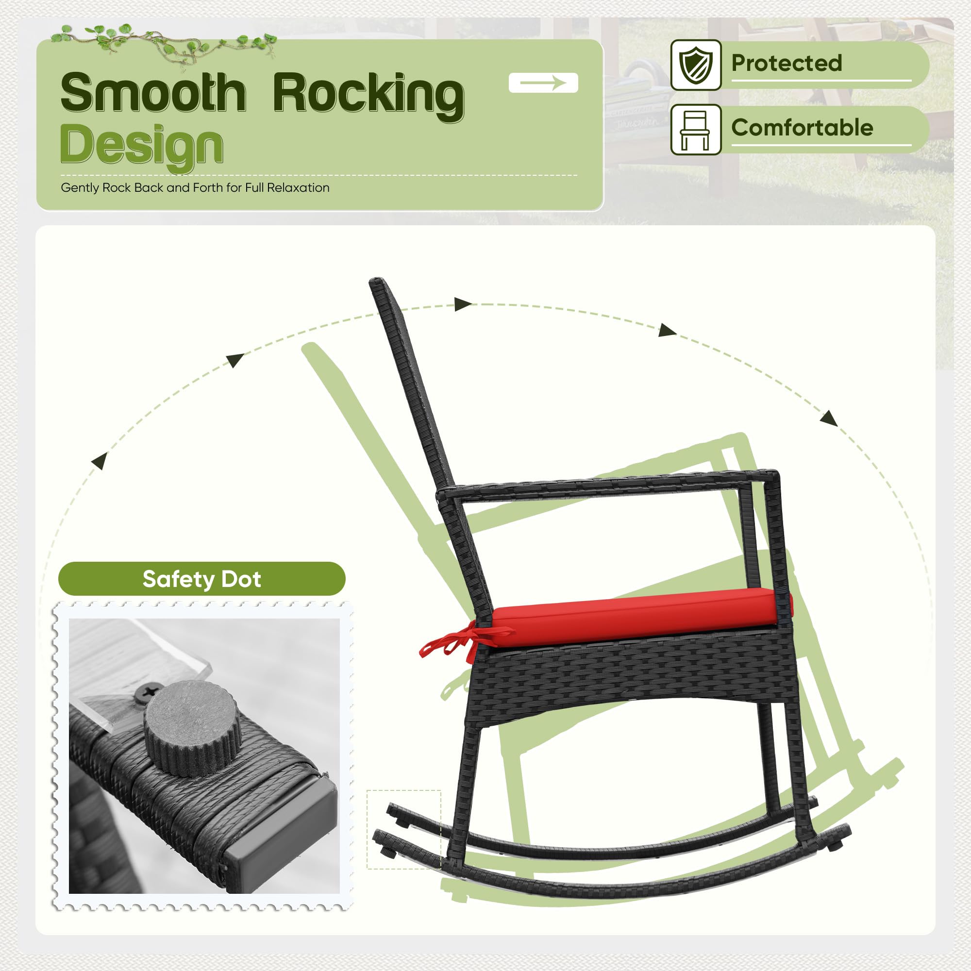 Flamaker Rocking Chair Outdoor Pe Rattan Patio Chairs With Glass Table High Back Porch Rocker For Balcony, Garden, Backyard (Red)