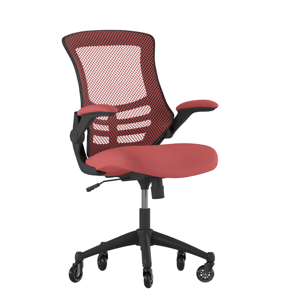 Flash Furniture Kelista Mid-Back Red Mesh Swivel Ergonomic Task Office Chair With Flip-Up Arms And Transparent Roller Wheels