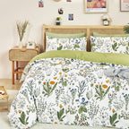 Clothknow Sage Green Comforter Set Twin Cotton Floral Botanical Bedding Sets White Green Flowers Bedding Comforter Soft 3Pcs Bed