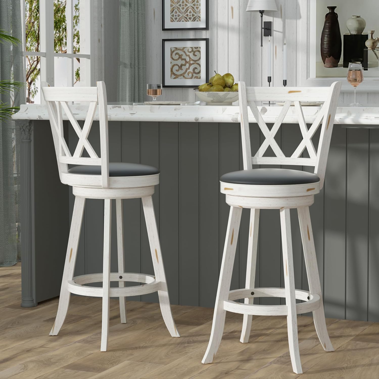 Betterhood 29  Bar Height Swivel Stools - High Back Swivel Barstools with Upholstered Seat & Solid Wood Footrest, Counter Bar Ch