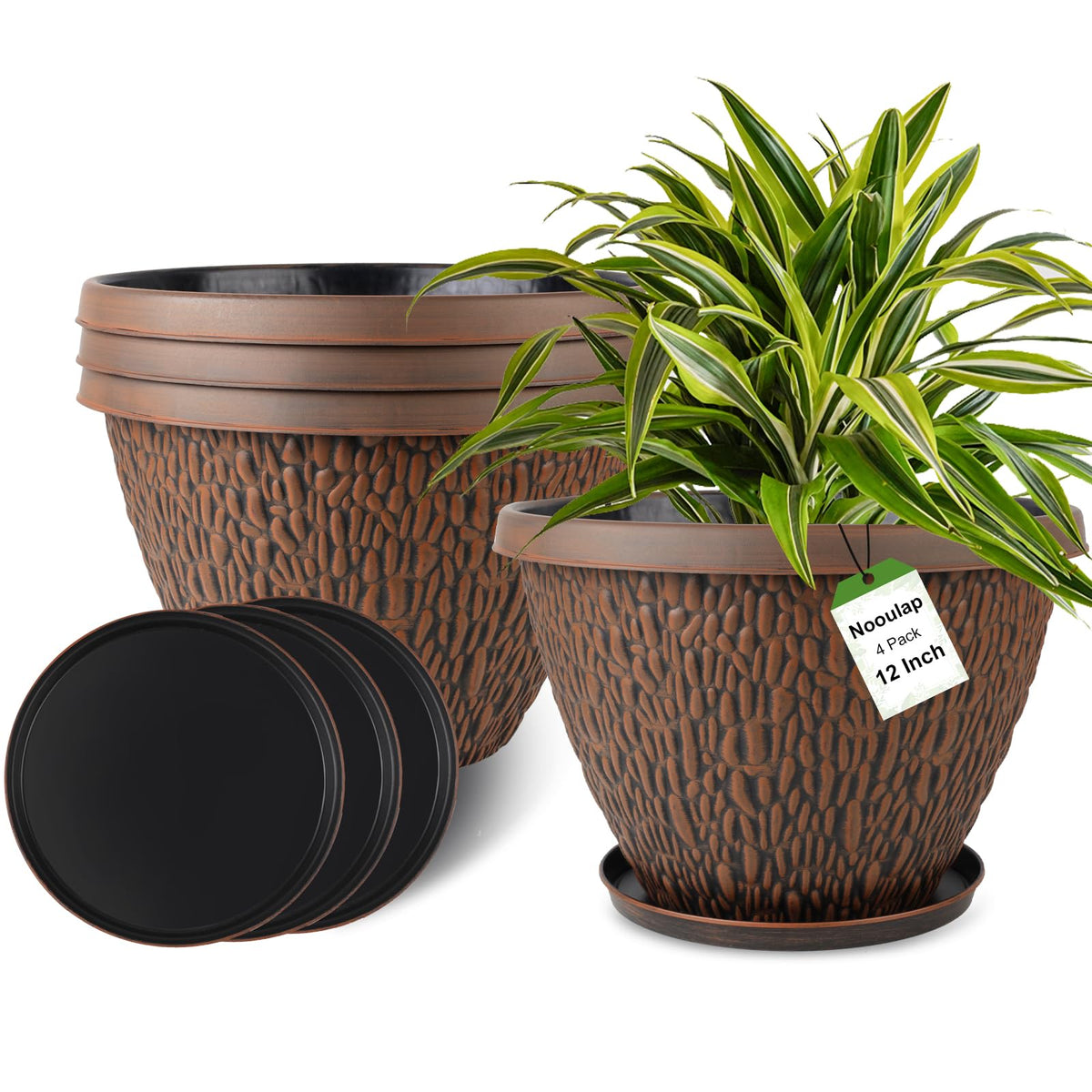4 Pack 12 Inch Pots For Plants With Drainage Hole & Tray, Plastic Flower Pots Planters For Indoor Outdoor Plants, Large Plant Po