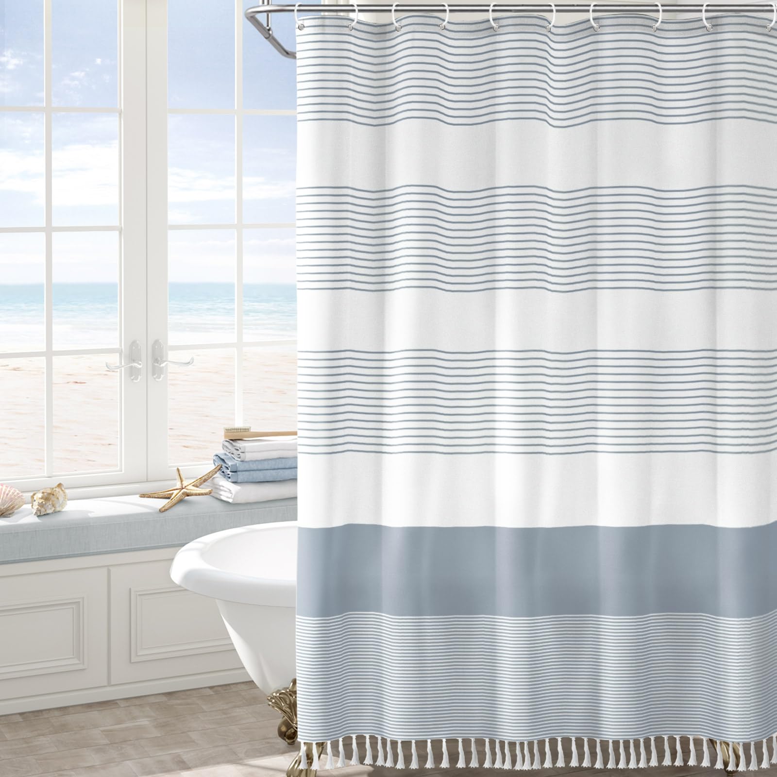 Awellife Blue Shower Curtain Beach Ocean Coastal Nautical Shower Curtain For Bathroom Stripe Tassel Shower Curtain 72 X 72 Inches Cotton Linen
