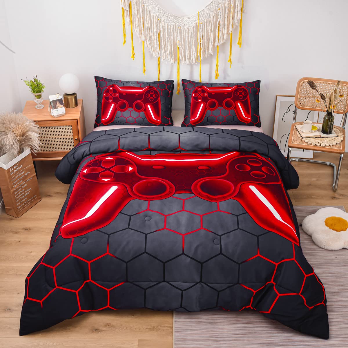 Ntbed Game Console Comforter Set For Boys Girls Kids Geometric Lightweight Microfiber Bedding Sets (Red, Full)