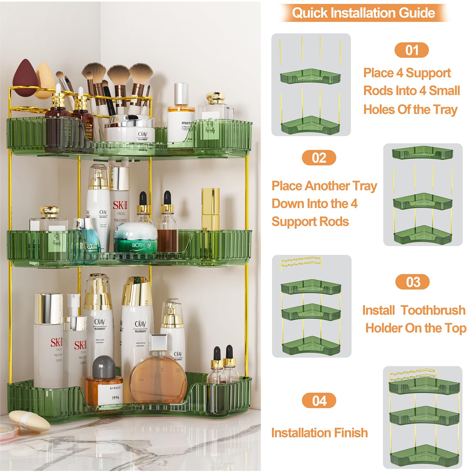 Sunzos 3-Tier Corner Bathroom Counter Organizer, Bathroom Organizer Countertop With Makeup Brush Holder, Vanity Makeup Cosmetic